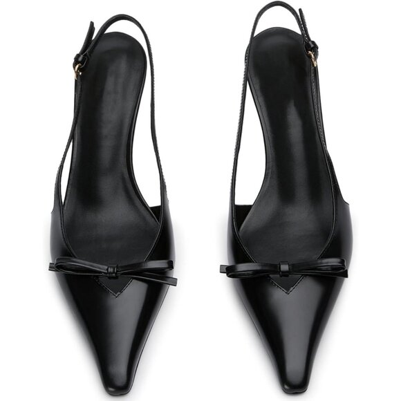 Black Slingback Women's Bow Pointed Toe Kitten Heel Backless Stiletto Sandals - Picture 5 of 8